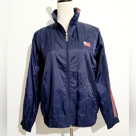 Lavon Women’s Track Jacket Small Full Zip Windbreaker Navy Red White Stripes USA - Picture 1 of 11